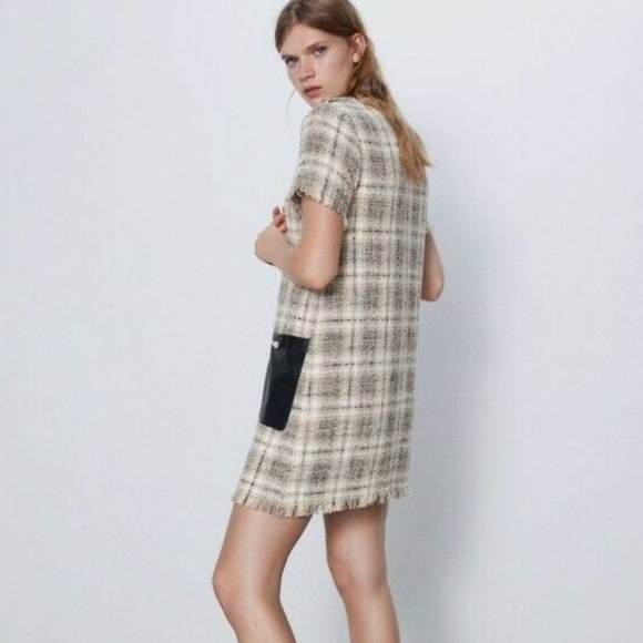 ZARA Tweed Plaid Mini Dress with Faux Leather Pockets | NWT XS - Picture 3 of 13